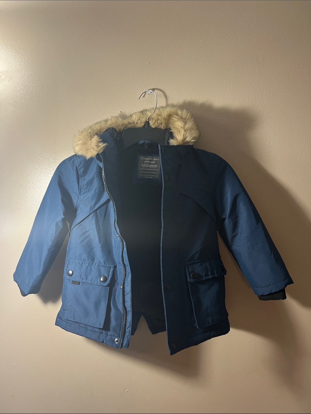 Primark Cares Navy Blue Kids Puffer Jacket with Faux Fur Hood